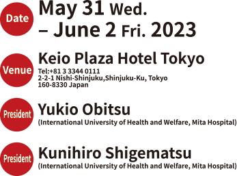 Date: May 31(Wed.) – June 2(Fri.) 2023. Venue: Keio Plaza Hotel Tokyo. President: Yukio　Obitsu (International University of Health and Welfare, Mita Hospital). 